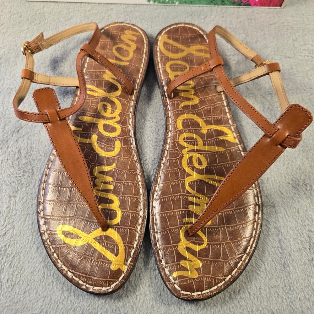 Sam Edelman Gigi Sandals Brown Leather Croc Embossed Thong Flat T-Strap 9.5M